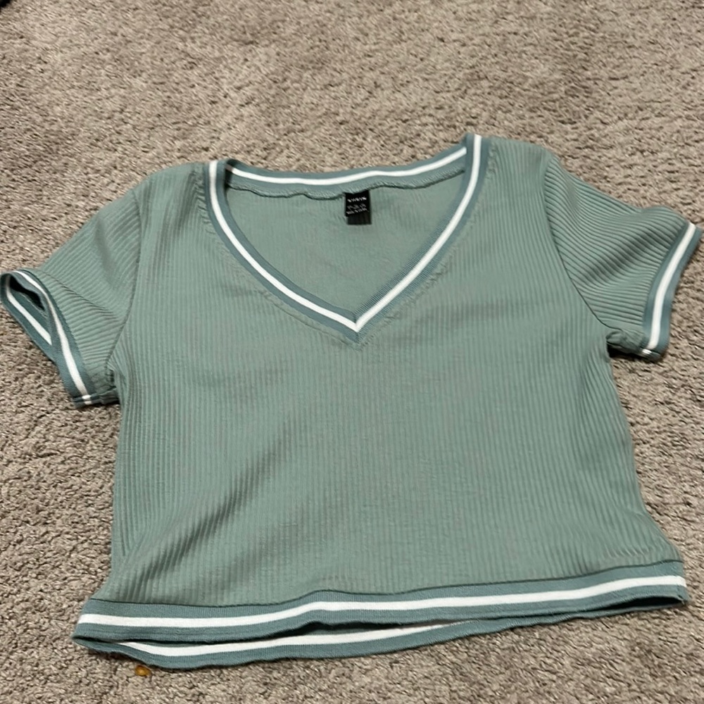 green/white striped v neck crop top